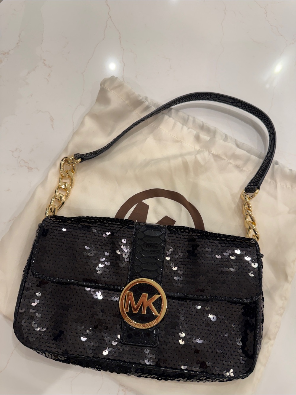 Michael Kors Black Sequin Shoulder Bag with Gold MK Medallion